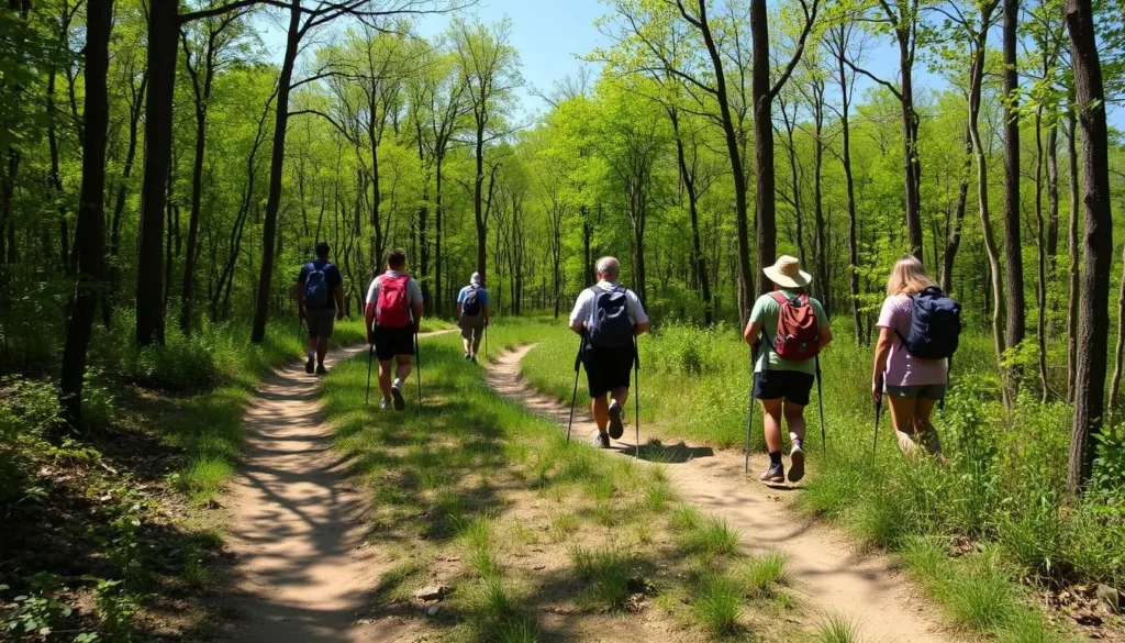 Hiking trail near Lake Vermilion with diverse hikers enjoying the natural scenery Hiking trail near Lake Vermilion with diverse hikers enjoying the natural scenery