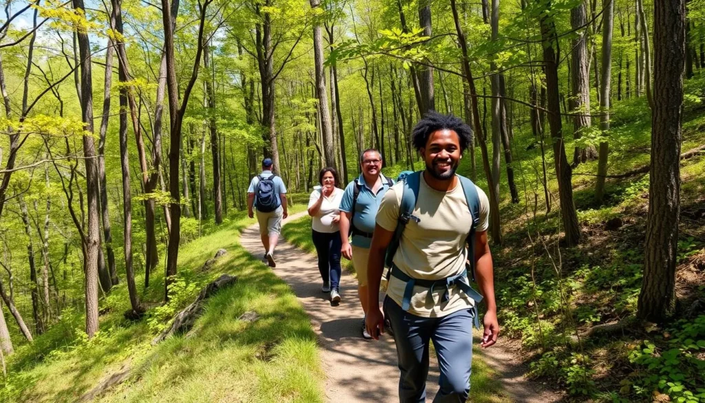 Hiking trail near Lake of the Clouds Pennsylvania with diverse hikers enjoying the path Hiking trail near Lake of the Clouds Pennsylvania with diverse hikers enjoying the path