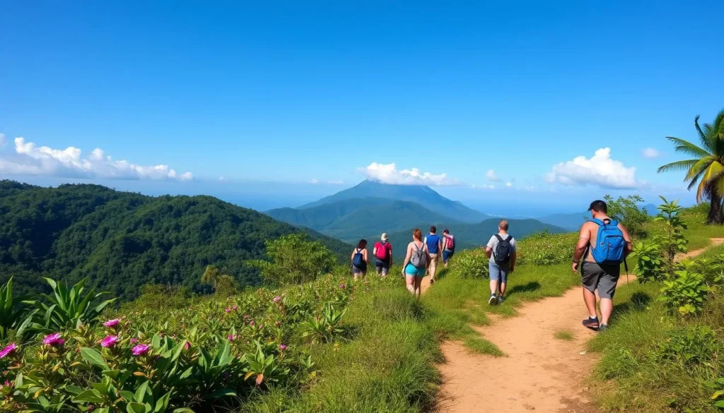 Hiking trail near Les Cayes with tropical vegetation and mountain views