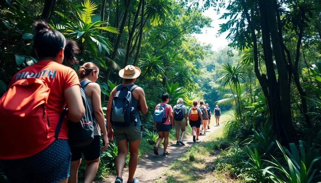 Hiking trail near Linden showing diverse tourists exploring the lush rainforest surroundings