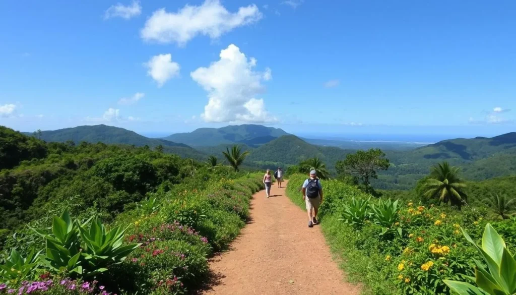 Hiking trail near Mandeville with lush tropical vegetation and mountain views