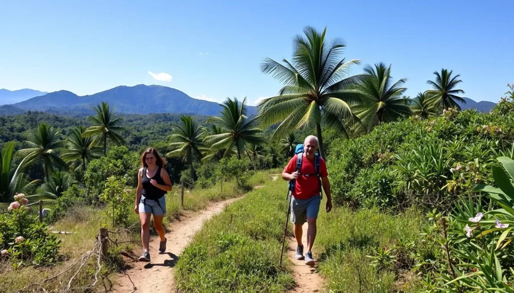 Hiking trail near San Cristobal with lush tropical vegetation and mountain views