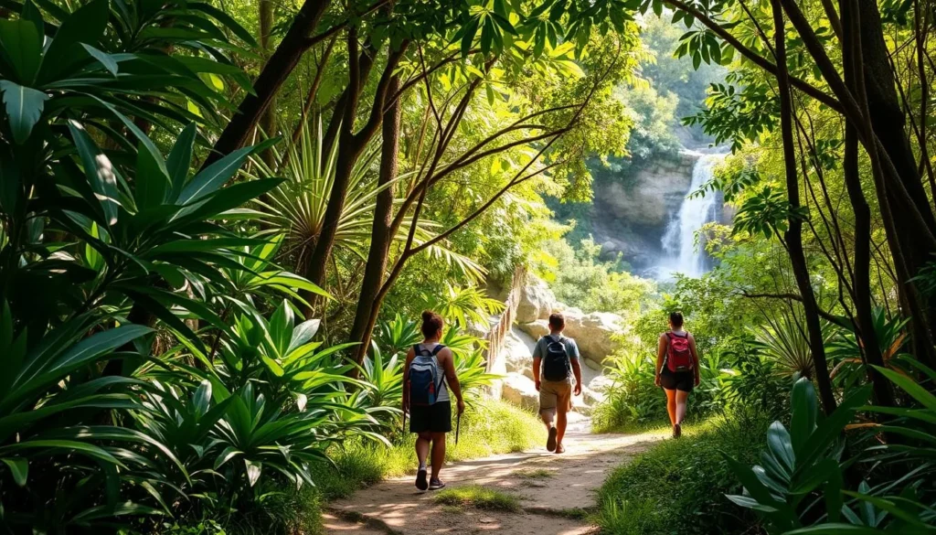 Hiking trail near Santo Domingo Cuba with lush vegetation and waterfall