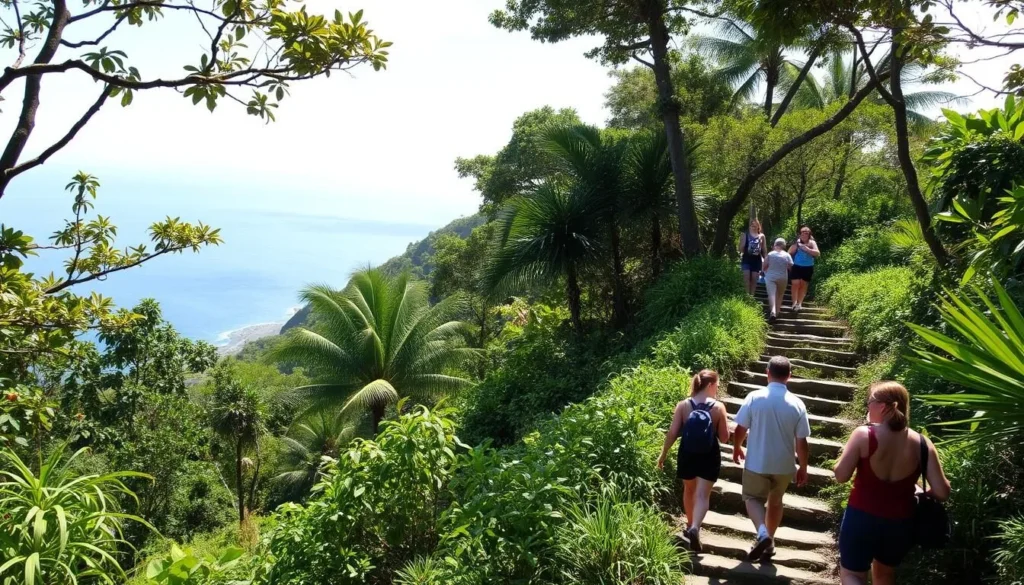 Hiking trail on Pigeon Island with tourists enjoying the views