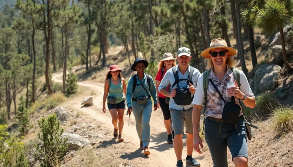 Hiking trail through Borena-Sayint National Park Ethiopia with diverse tourists on a guided tour