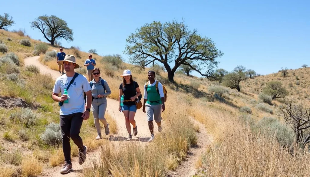 Hiking trail through Canelo Hills Cienega Reserve Arizona with diverse visitors enjoying nature Hiking trail through Canelo Hills Cienega Reserve Arizona with diverse visitors enjoying nature