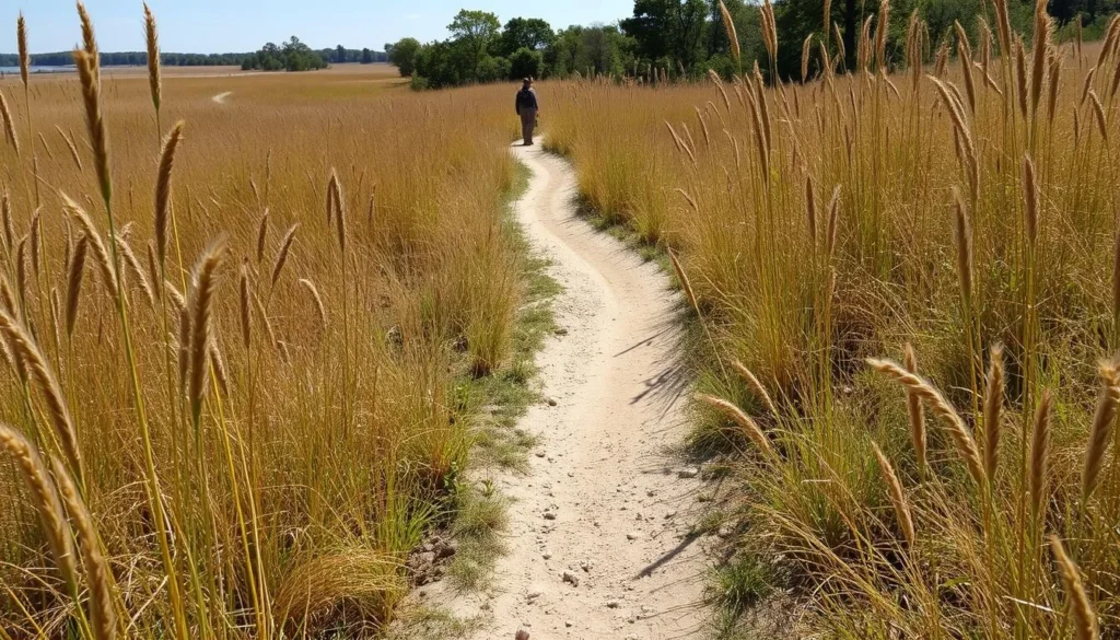 Hiking trail through Green River State Park Illinois with natural prairie landscape Hiking trail through Green River State Park Illinois with natural prairie landscape