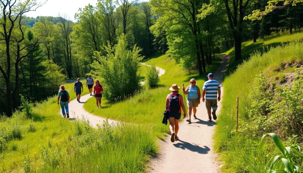 Hiking trail through Illini State Park with diverse visitors enjoying the path Hiking trail through Illini State Park with diverse visitors enjoying the path