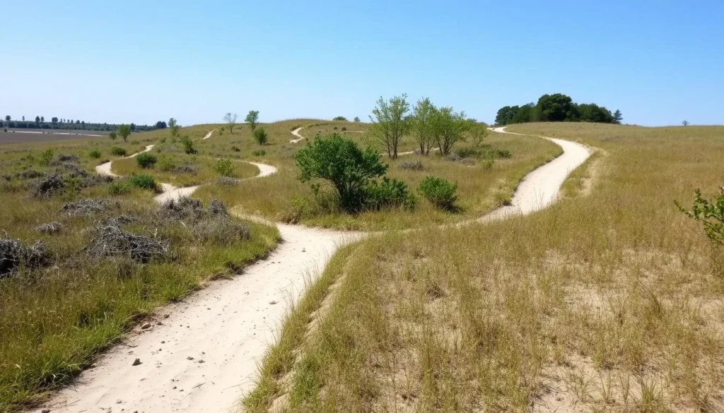 Hiking trail through Illinois Beach Nature Preserve showing diverse ecosystems and natural terrain Hiking trail through Illinois Beach Nature Preserve showing diverse ecosystems and natural terrain