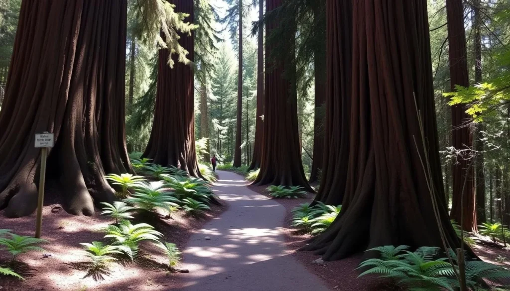 Hiking trail through John B. Dewitt Redwoods State Natural Reserve with massive redwood trees Hiking trail through John B. Dewitt Redwoods State Natural Reserve with massive redwood trees