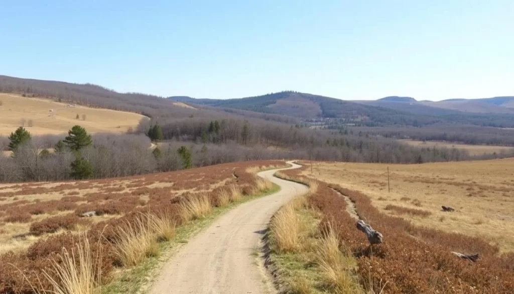 Hiking trail through Jubilee College State Park Illinois showing diverse terrain and natural landscape Hiking trail through Jubilee College State Park Illinois showing diverse terrain and natural landscape