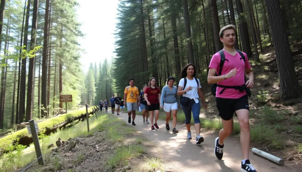 Hiking trail through Kinkaid Lake State Park with diverse group of hikers enjoying the forest path