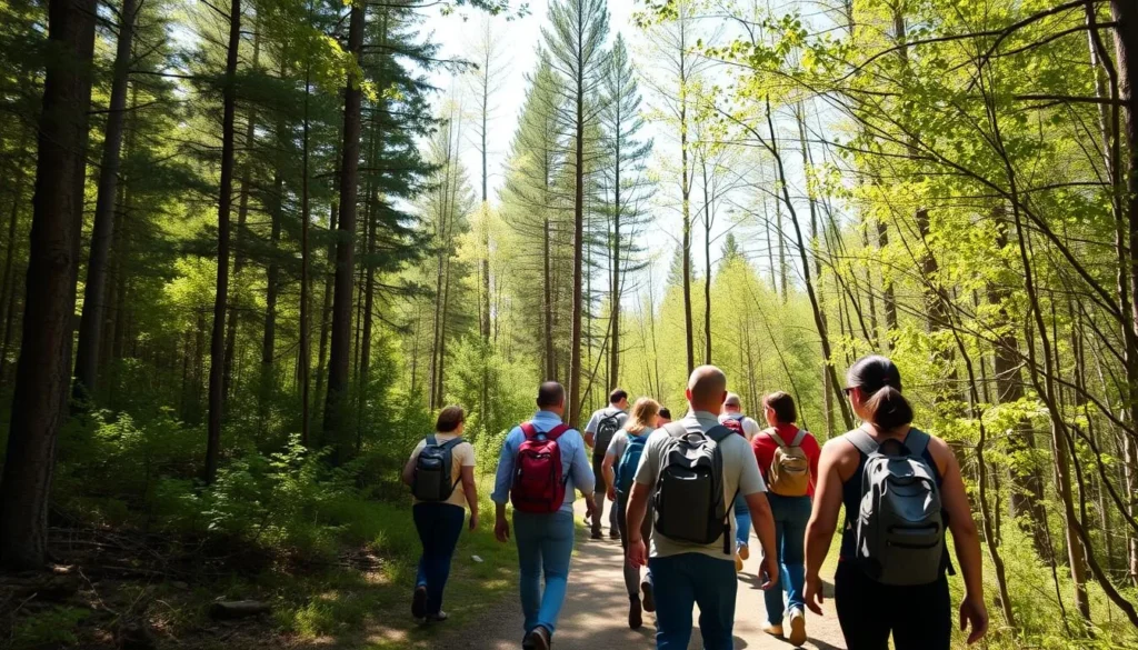 Hiking trail through Meshchyora National Park Russia with visitors walking Hiking trail through Meshchyora National Park Russia with visitors walking