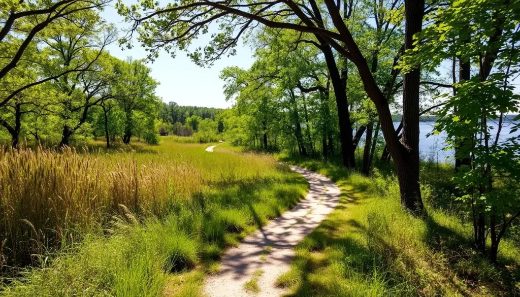 Hiking trail through Mississippi River Islands National Wildlife Refuge showing diverse terrain Hiking trail through Mississippi River Islands National Wildlife Refuge showing diverse terrain
