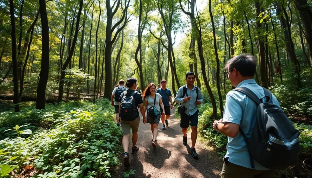 Hiking trail through Mount Kopinang forest with diverse tourists and local guide