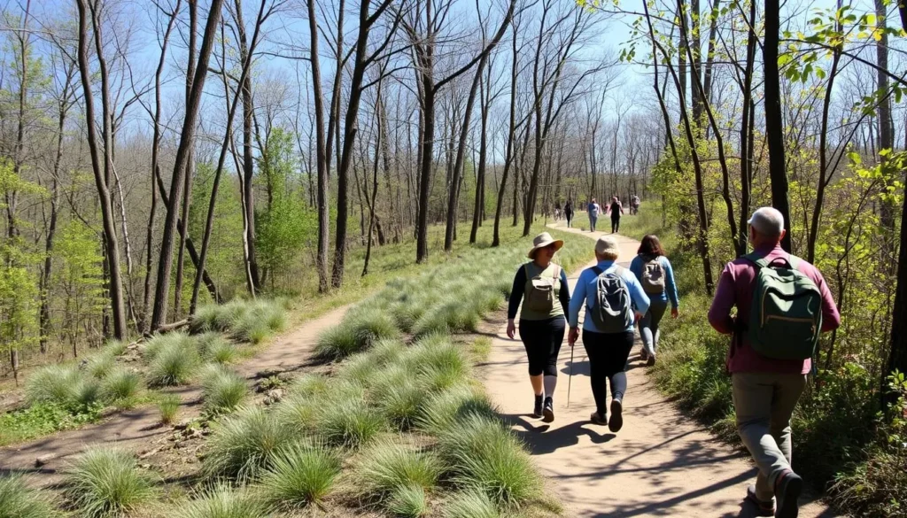 Hiking trail through Prouty Place State Park with diverse visitors exploring the path Hiking trail through Prouty Place State Park with diverse visitors exploring the path