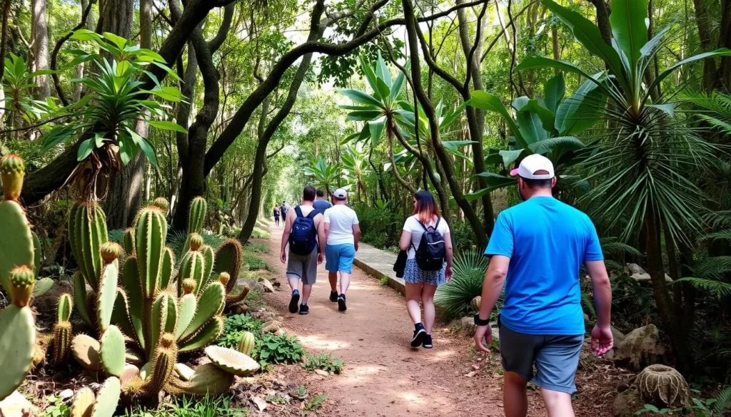 Hiking trail through Varahicacos Ecological Reserve with tropical vegetation
