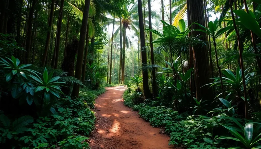 Hiking trail through Waukauyengtipu rainforest showing dense vegetation and natural path