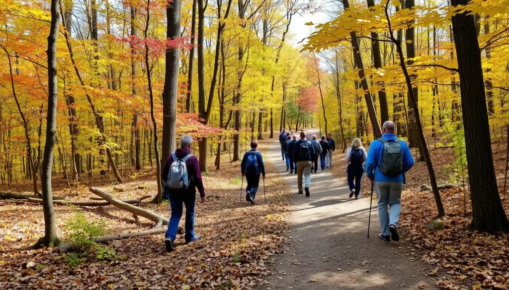 Hiking trail through forest at Hamilton County State Park with fall foliage Hiking trail through forest at Hamilton County State Park with fall foliage