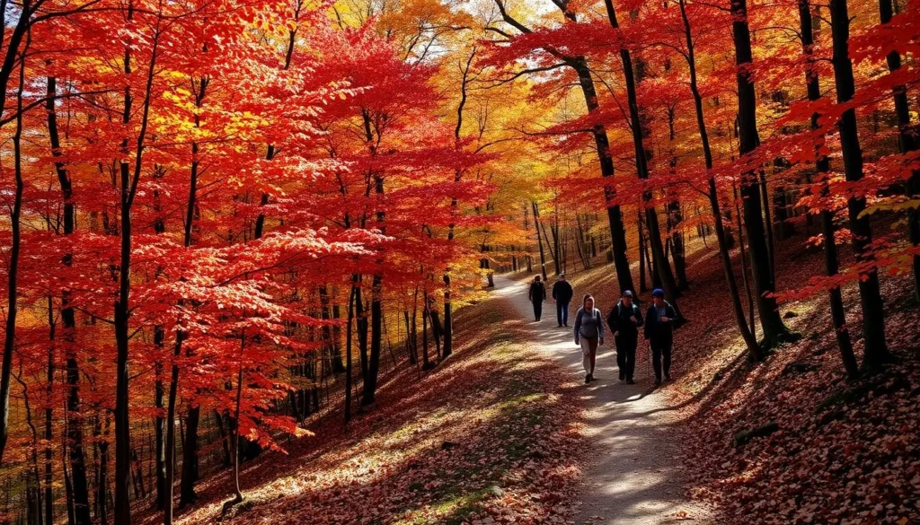 Hiking trail through forest at Maurice K. Goddard State Park Pennsylvania in autumn Hiking trail through forest at Maurice K. Goddard State Park Pennsylvania in autumn