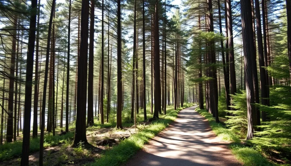 Hiking trail through forest near Lake Rudanovskoye Hiking trail through forest near Lake Rudanovskoye