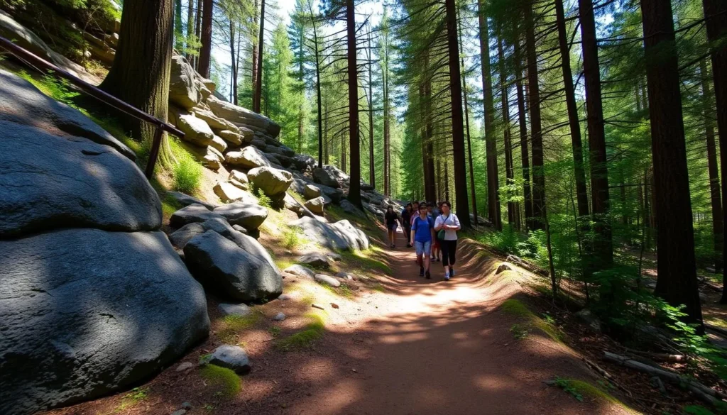 Hiking trail through forested area of Kinkaid Lake State Park showing diverse terrain
