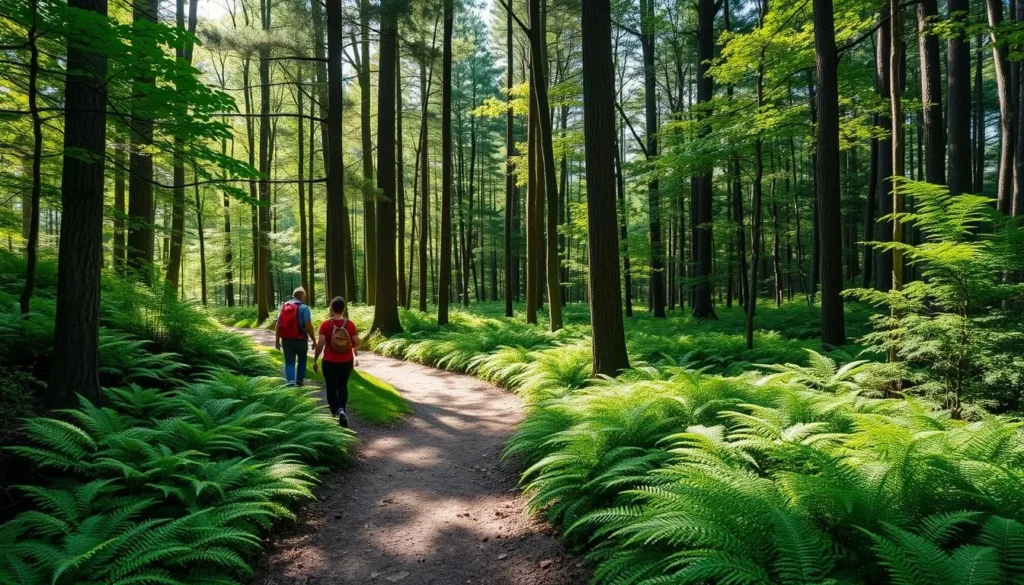 Hiking trail through hemlock forest in Pennsylvania with sunlight filtering through trees Hiking trail through hemlock forest in Pennsylvania with sunlight filtering through trees