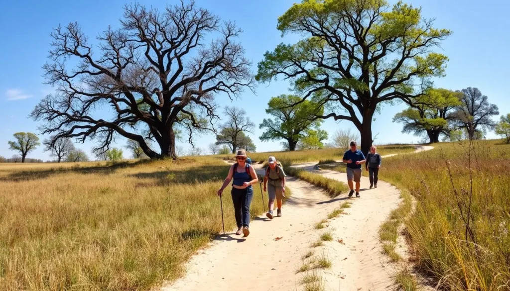 Hiking trail through oak savanna in Green River Lowlands Nature Preserve Illinois Hiking trail through oak savanna in Green River Lowlands Nature Preserve Illinois