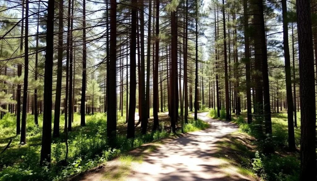 Hiking trail through pine forest at Johnson-Sauk Trail State Park Illinois Hiking trail through pine forest at Johnson-Sauk Trail State Park Illinois