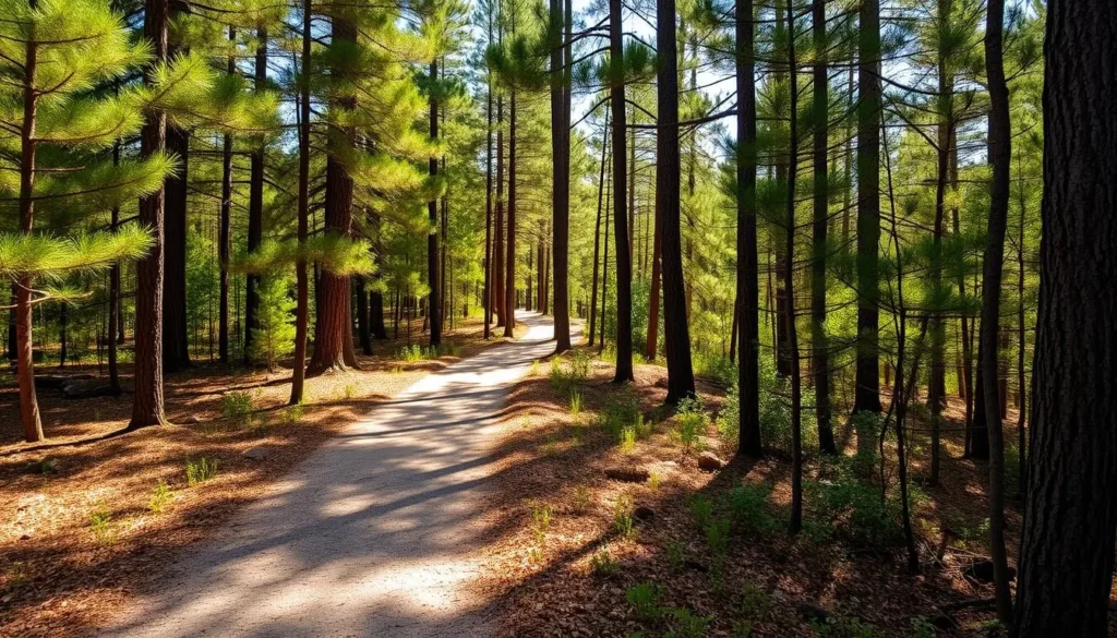 Hiking trail through pine forest at Lake D'Arbonne State Park Hiking trail through pine forest at Lake D'Arbonne State Park