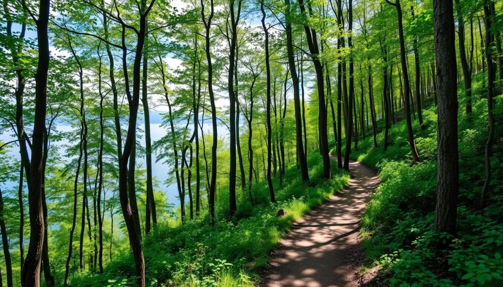 Hiking trail through the forest in Zabaykalsky National Park with Lake Baikal visible through trees Hiking trail through the forest in Zabaykalsky National Park with Lake Baikal visible through trees