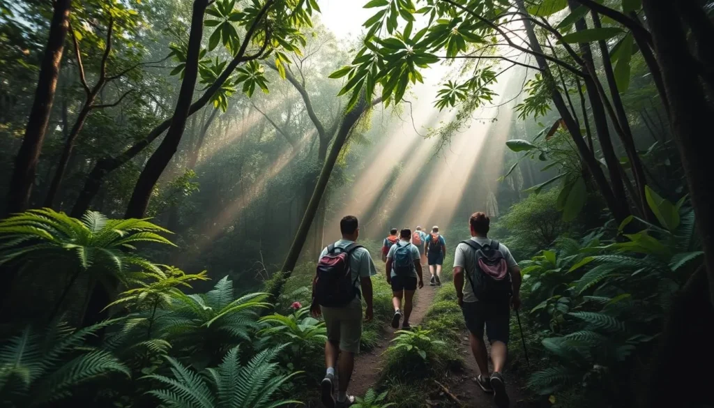 Hiking trail through the lush forest on Balut Volcano with sunlight filtering through the canopy