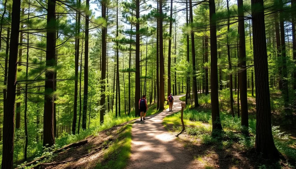 Hiking trail through the pine forests of Kisatchie National Forest with sunlight filtering through the trees