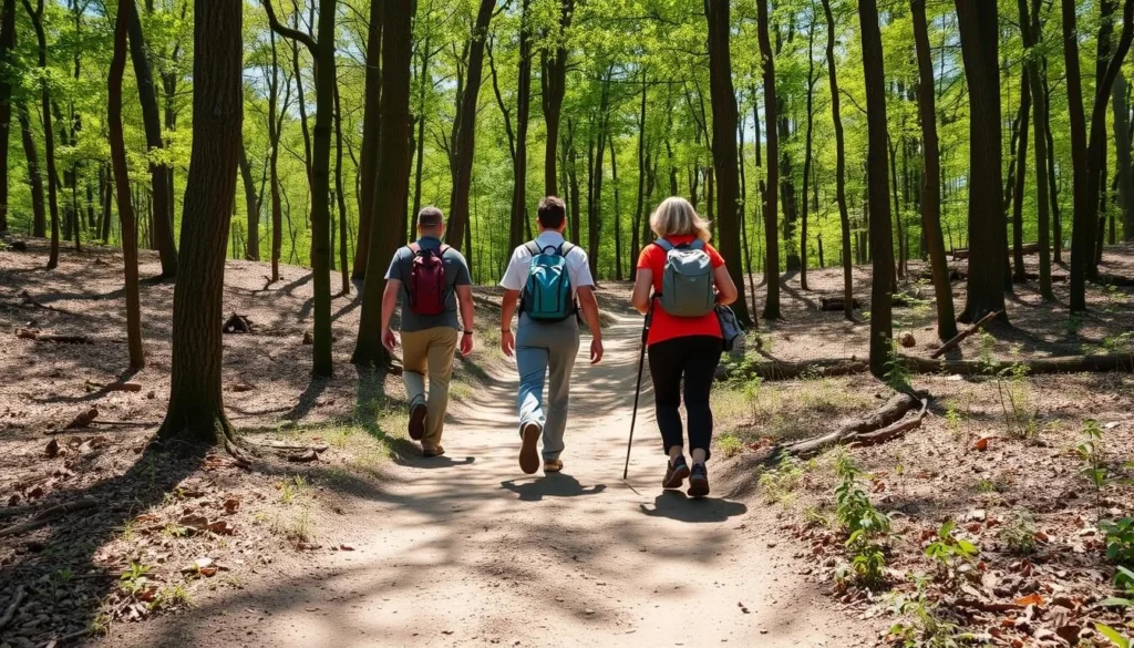 Hiking trail through wooded area of Delabar State Park with diverse hikers enjoying nature