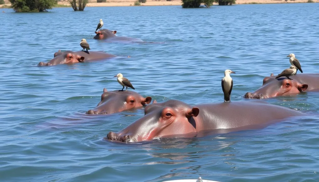 Hippos in Lake Hawassa with birds perched on their backs, viewed from a boat