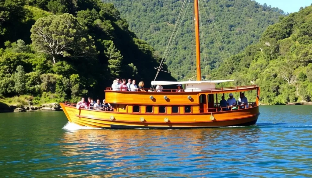 Historic Arcadia II huon pine boat cruising on Pieman River in Corinna Tasmania