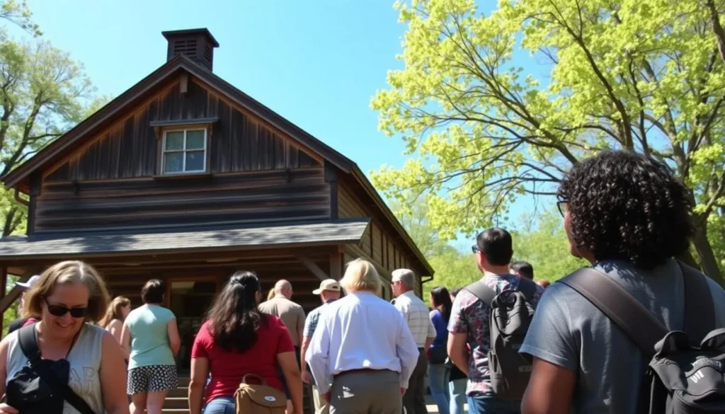 Historic Civilian Conservation Corps building at Illini State Park with visitors exploring Historic Civilian Conservation Corps building at Illini State Park with visitors exploring