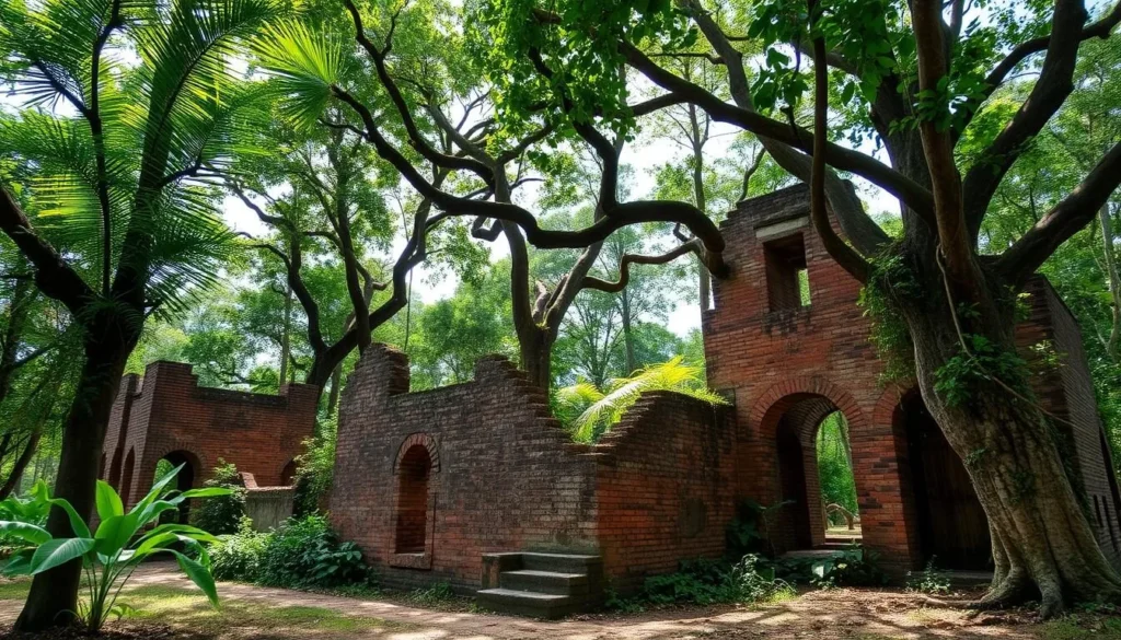 Historic Dutch colonial ruins on Tiger Island with tropical vegetation growing around them