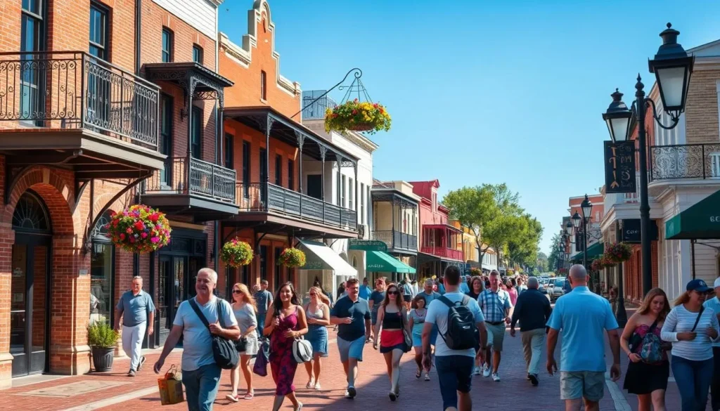 Historic Front Street in Natchitoches with brick streets and iron balconies