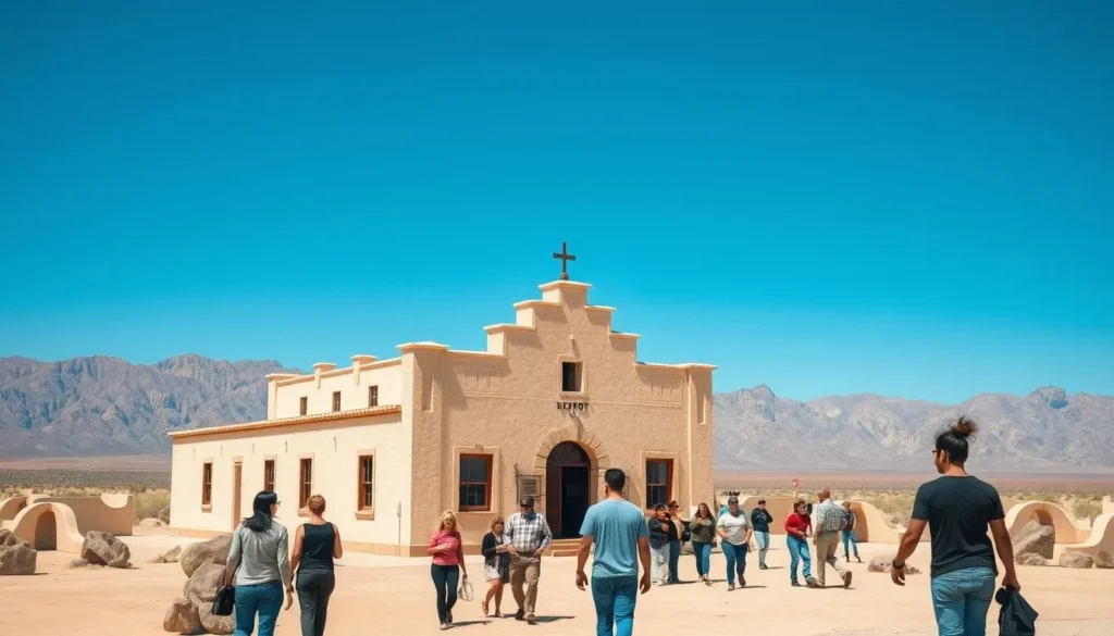Historic Kelso Depot building in Mojave National Preserve with visitors exploring the site Historic Kelso Depot building in Mojave National Preserve with visitors exploring the site