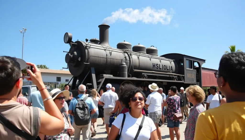 Historic Locomotive monument in Ranchuelo Cuba with tourists taking photos