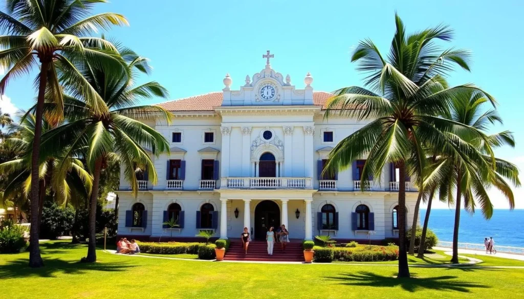 Historic Mansión Xanadú (DuPont Mansion) with colonial architecture and ocean views