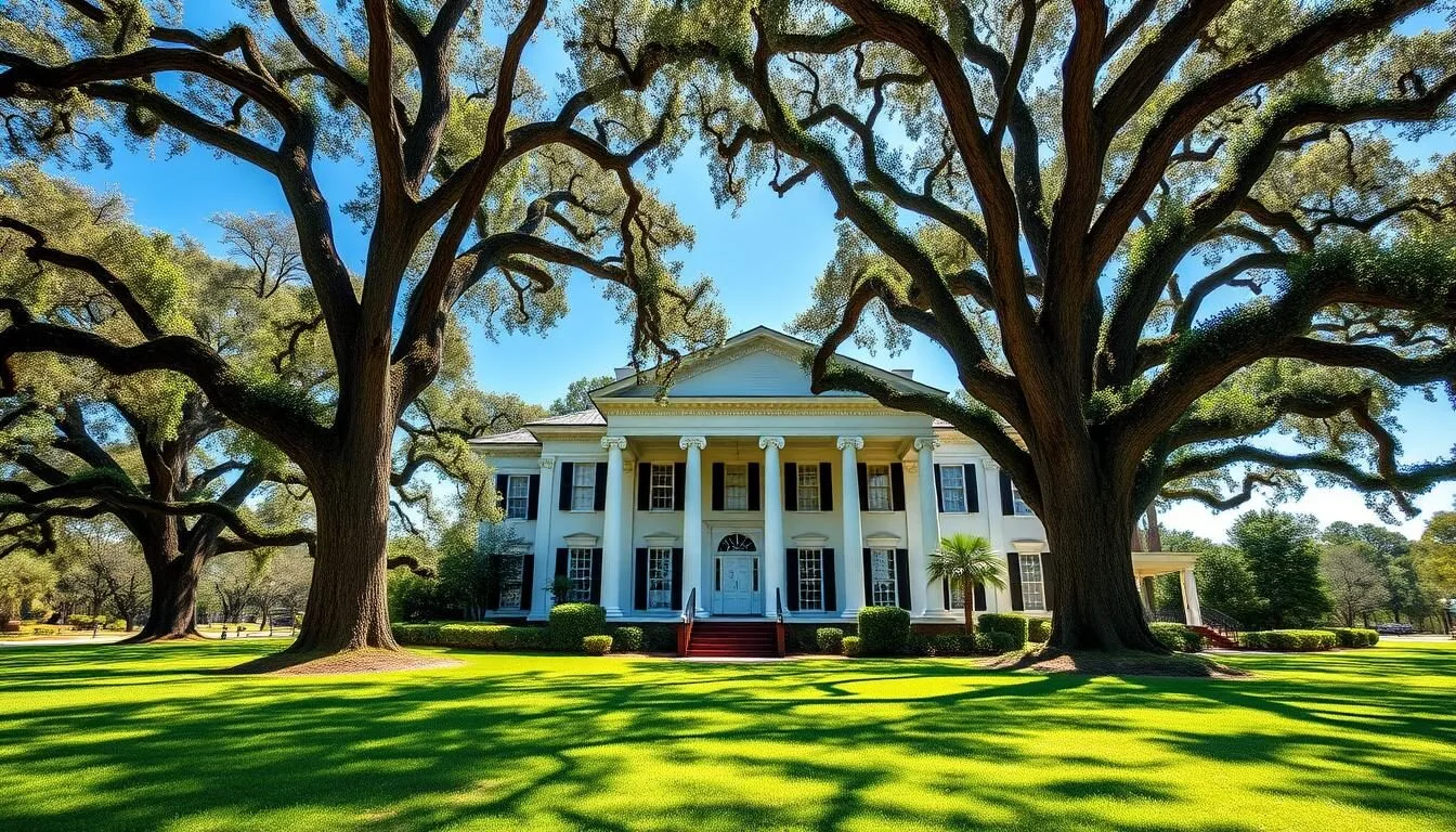 Historic Oakland Plantation main house at Cane River Creole National Historical Park with large oak trees and green lawn