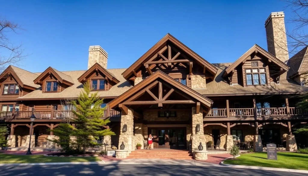 Historic Pere Marquette Lodge at Pere Marquette State Park Illinois showing rustic stone and timber architecture Historic Pere Marquette Lodge at Pere Marquette State Park Illinois showing rustic stone and timber architecture