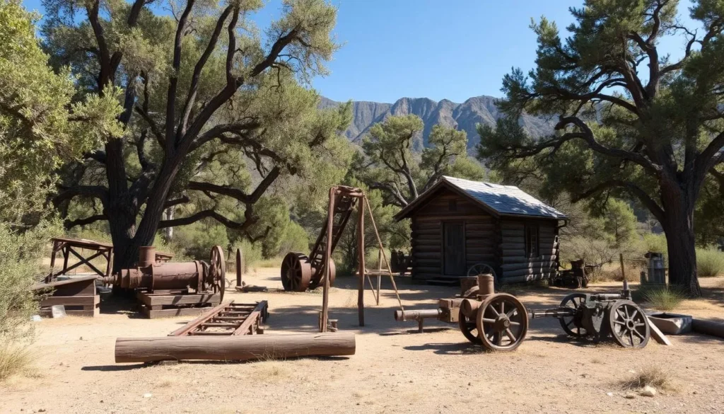 Historic Powers Mine site in the Galiuro Mountains showing old mining equipment among oak trees Historic Powers Mine site in the Galiuro Mountains showing old mining equipment among oak trees