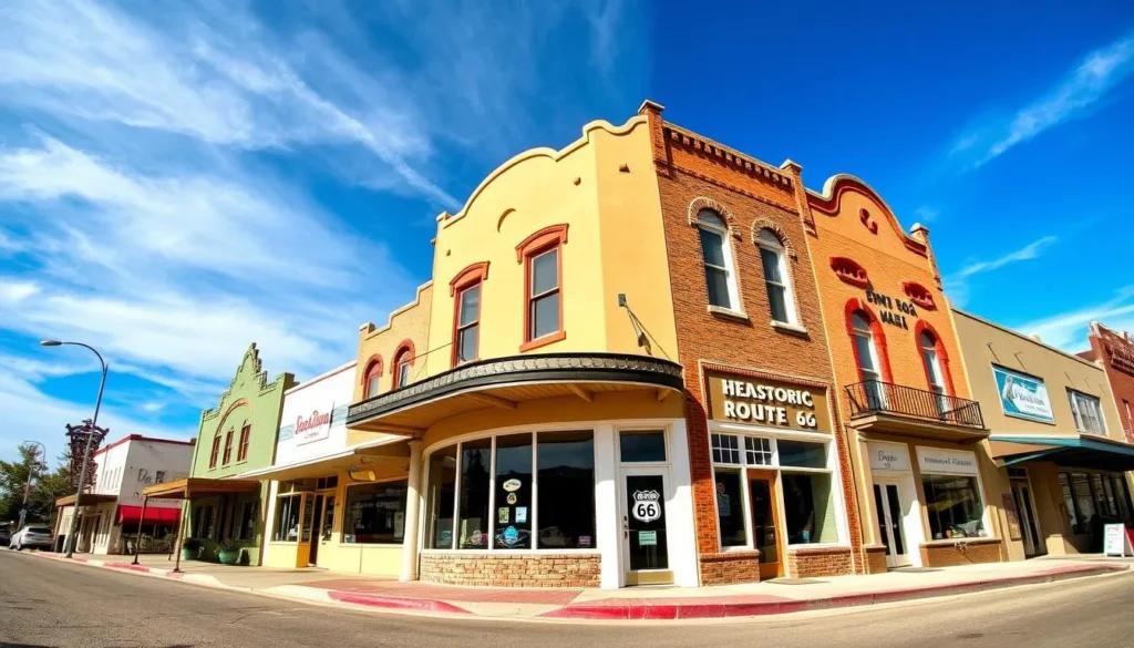 Historic Route 66 buildings in Santa Rosa with classic southwestern architecture Historic Route 66 buildings in Santa Rosa with classic southwestern architecture