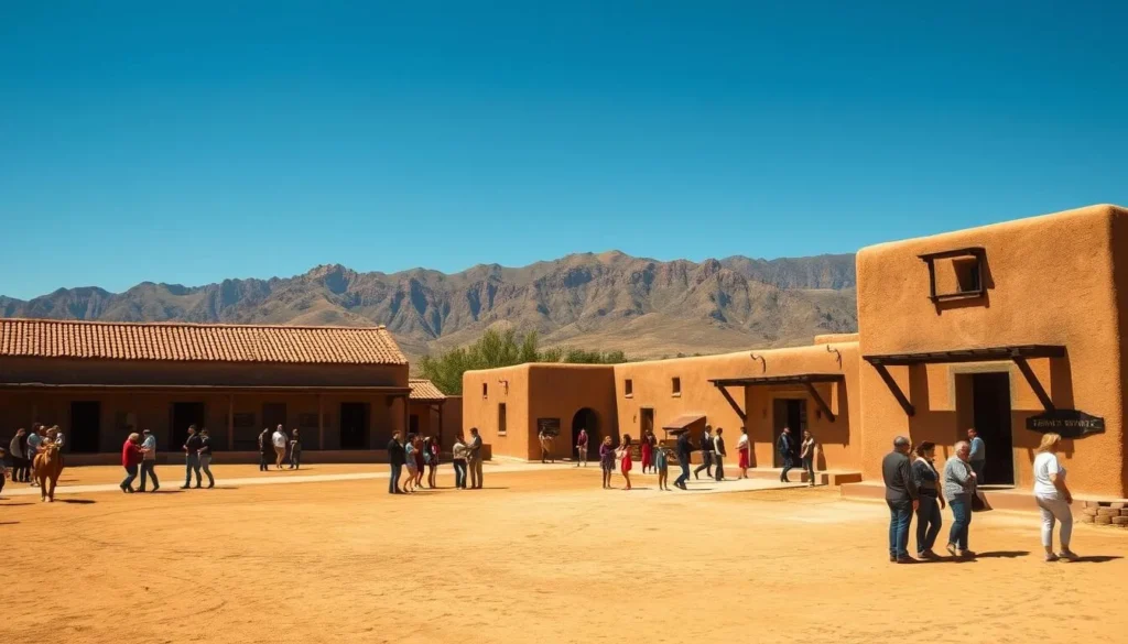 Historic adobe buildings at Fort Tejon with people exploring the grounds Historic adobe buildings at Fort Tejon with people exploring the grounds