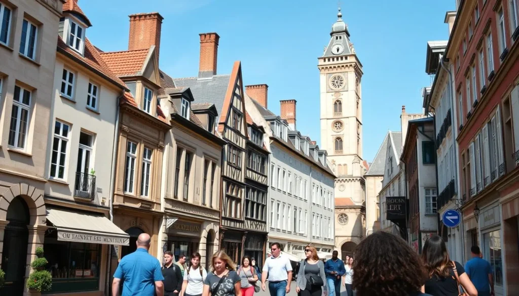 Historic architecture in Dunkirk city center showing traditional buildings