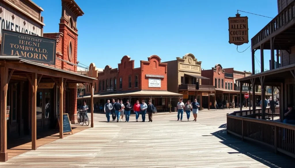 Historic buildings and wooden boardwalks in Tombstone, Arizona, showcasing the Old West atmosphere