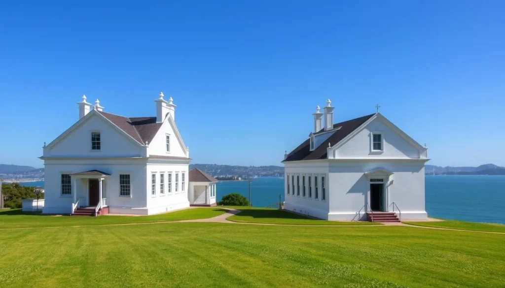 Historic buildings at Camp Reynolds on Angel Island with San Francisco Bay in background